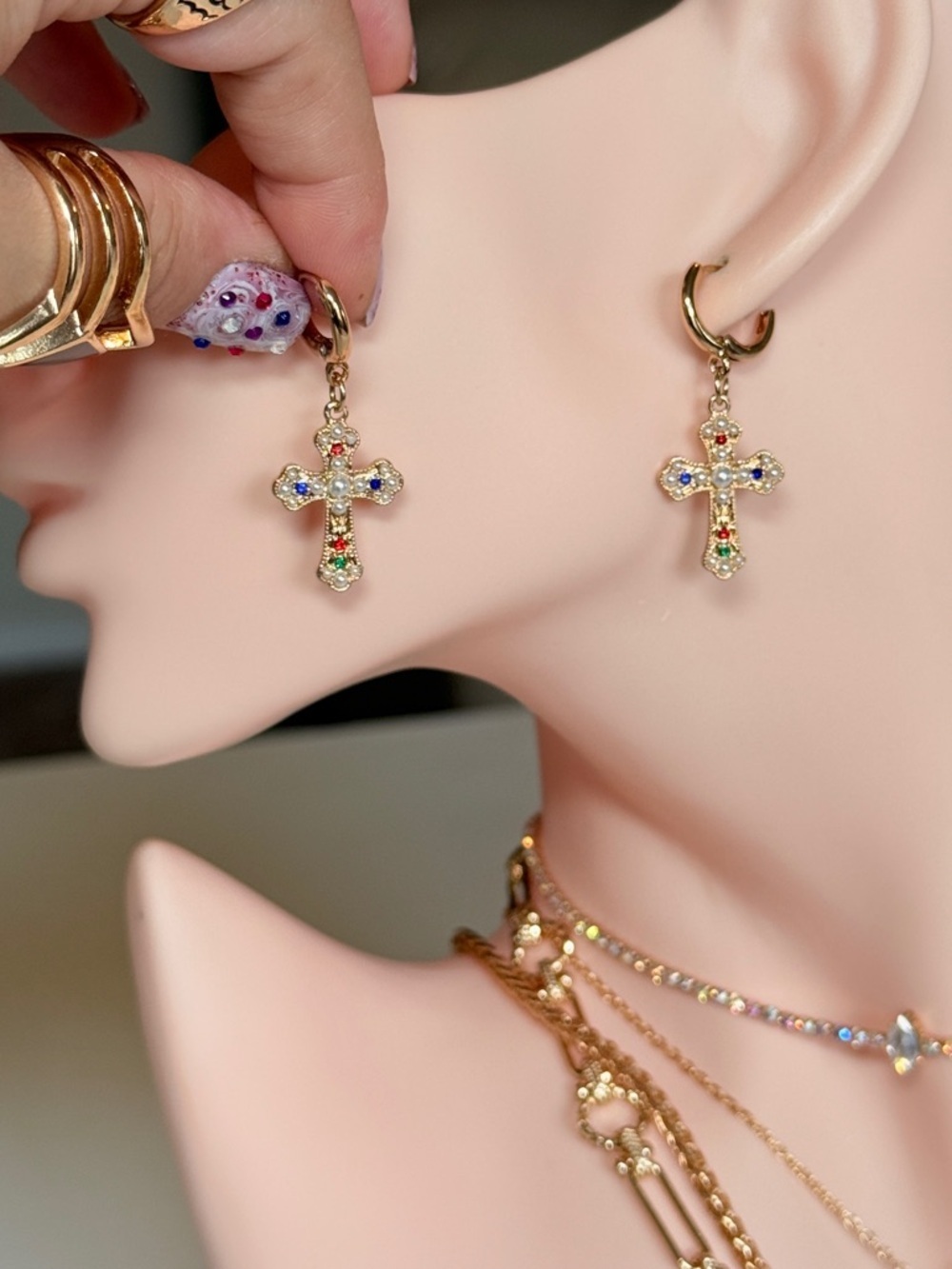 Gothic Cross Earring with Multicolor Stones LO013-1 - Picture 4 of 12